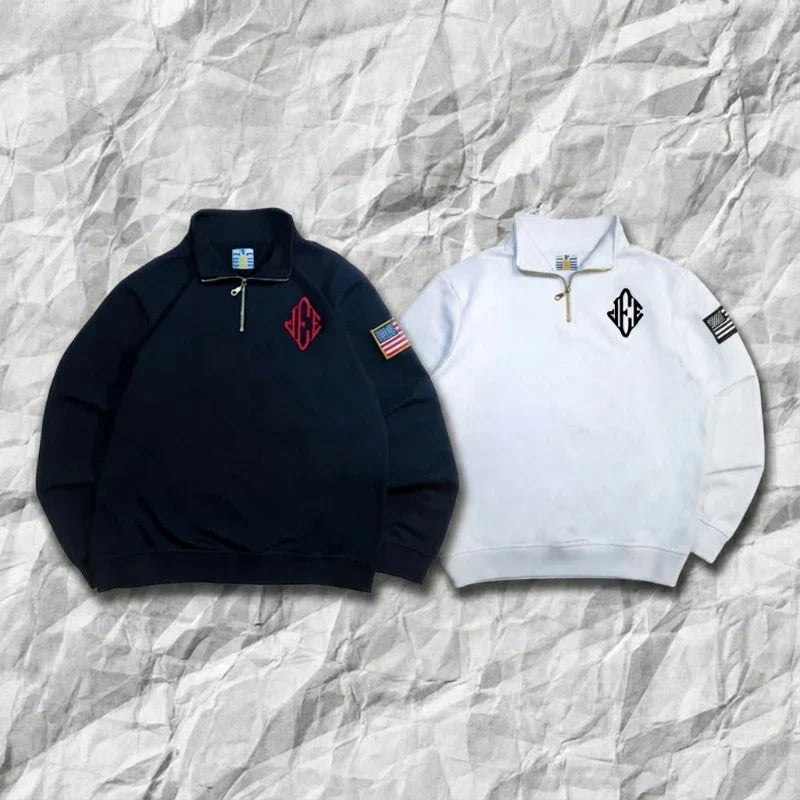 2 Pcs Outerwear Co-ords Y2K Retro JEE Quarterzip Pullover Hoodie American Trend Zipneck Embroidery Streetwear Sweatshirt Set