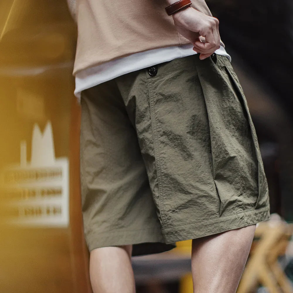 Casual Green Pocket Shorts Men's Summer Lightweight Woven Straight Leg Shorts Elastic Waist Retro Street Versatile Bottoms