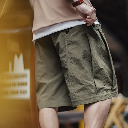 Casual Green Pocket Shorts Men's Summer Lightweight Woven Straight Leg Shorts Elastic Waist Retro Street Versatile Bottoms