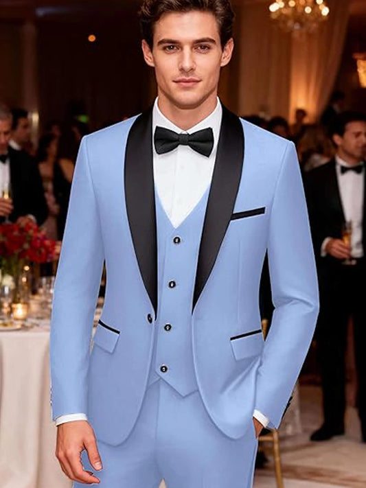 Men's 3 Pieces Shawl Collar Suits Blazer Vest Pants Slim Fit Tuxedo Suit Set One Button Formal  Jacket for Wedding Prom Party