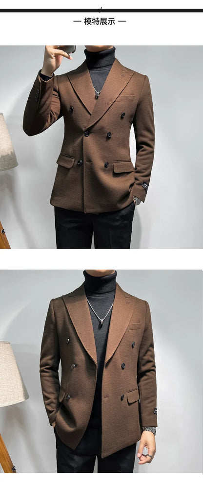 2025 Spring New Men's Waffle Double Breasted Suit Jacket High Quality Business Slim Fit Blazers Groom Social Party Dress Coats