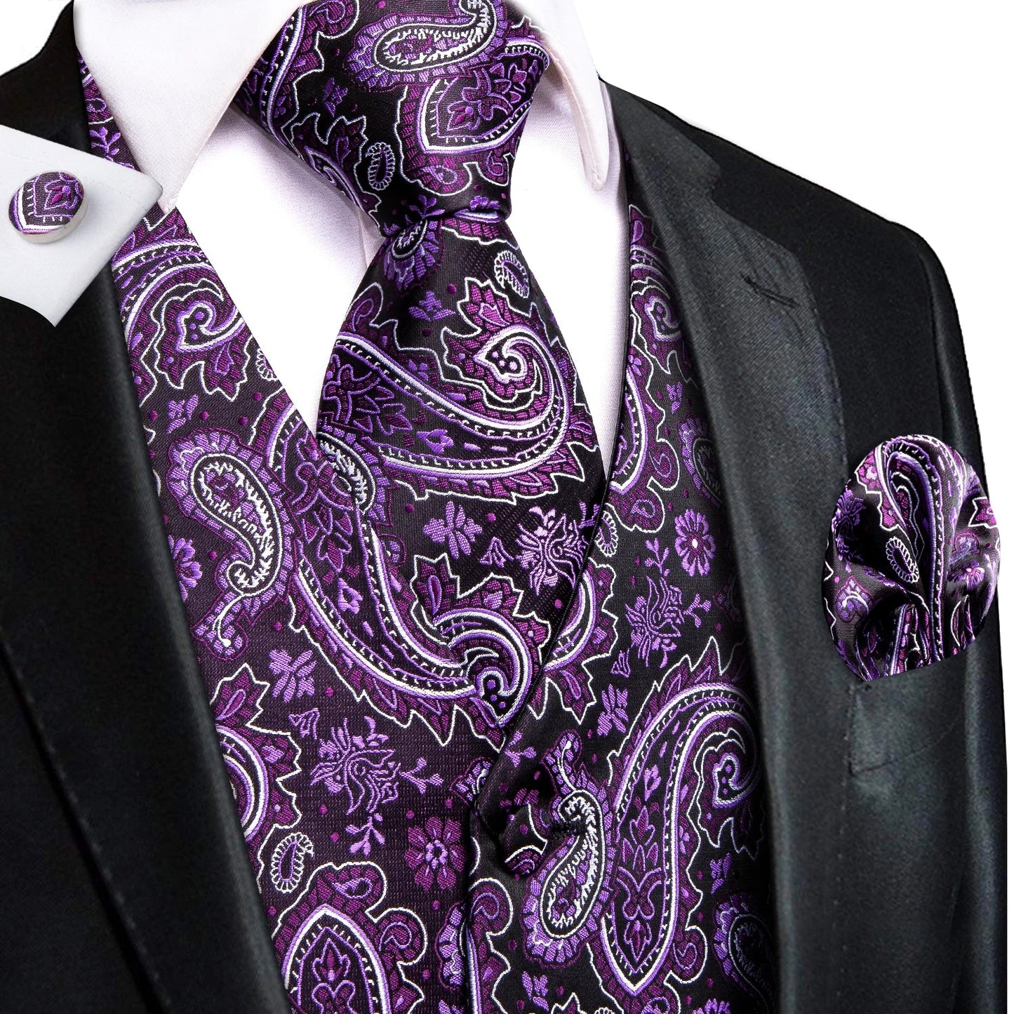 Green Mint Purple Mens Silk Vest Tie Jacquard Autumn Spring Suit Waistcoat Jacket Necktie Hanky Cufflinks for Men Wedding