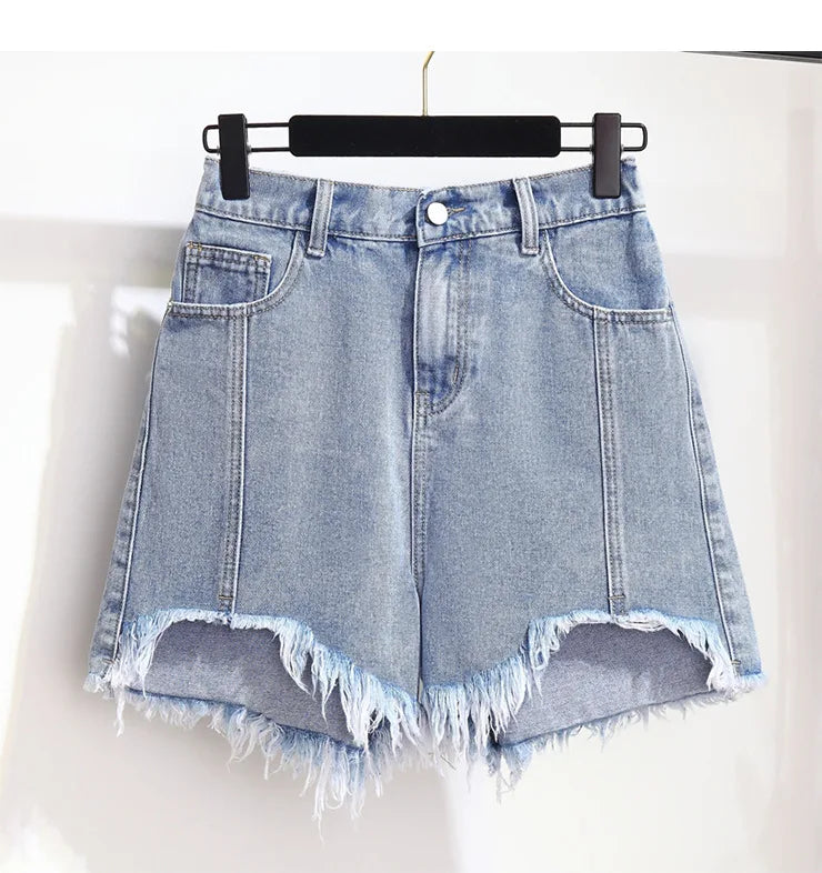 Summer High-waisted Denim Shorts Women Fur-trimmed Zipper Pocket 7XL Jeans Casual Fashion Loose Patchwork Short Pants
