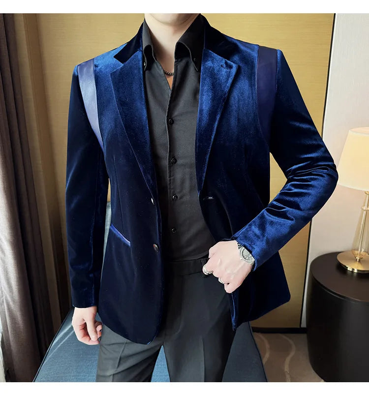 Leather Splicing Mercerized Velvet Suit Jacket 2025 Autumn New Men's High-end Business Slim Fit Fashion Party Tailcoat 4XL-M