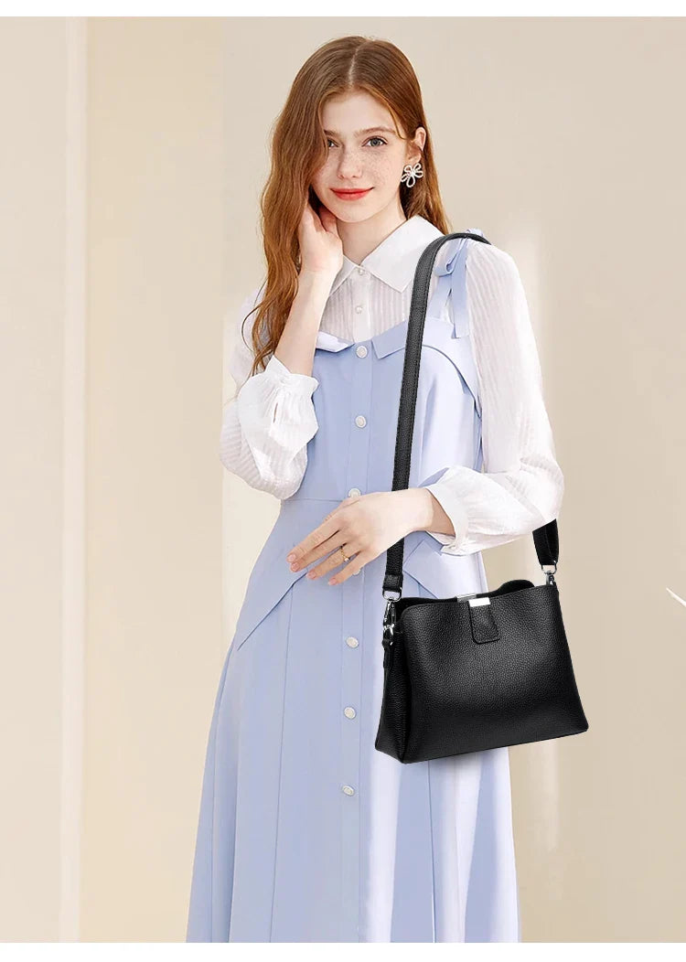 100% cowhide Bag Casual Women Hobos Handbags Bucket Bags New Women's Fashion Handbags Retro Solid Color Leather Shoulder wallet