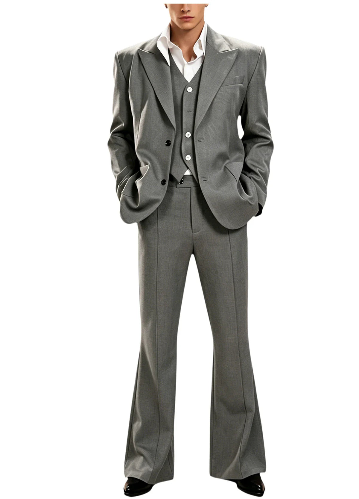 Vintage Men's 3 Piece Suit Set Peak Lapel Slim Fit 2 Button Double Breasted Blazer Vest Flared Pants for Formal Business Wedding