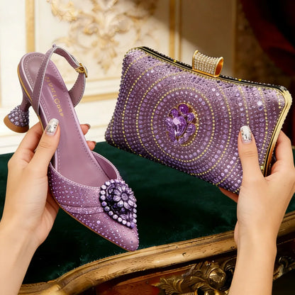 Blue Color Rhinestone Comfortable high heel shoe And Bag Fashion Style Pointed-Toe Shoes For Women Or Commuting Shoes