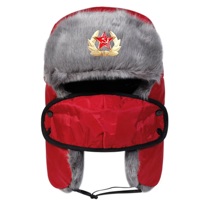 Unisex Five Pointed Star Badge Lei Feng Hat Winter Earflap Hat Keep Warm Ski Hat Bomber Hat for Outdoor Riding Snow Activities