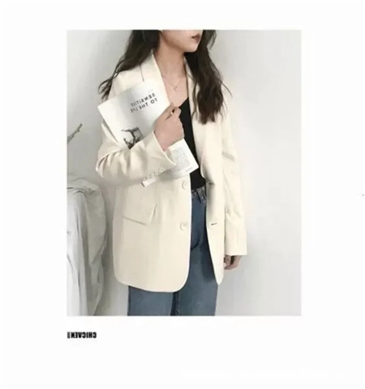 Elegant Casual Loose Long Sleeve Women's Small Suit Jacket Korean Style Spring Autumn Chic Polyester Fiber Button Decoration