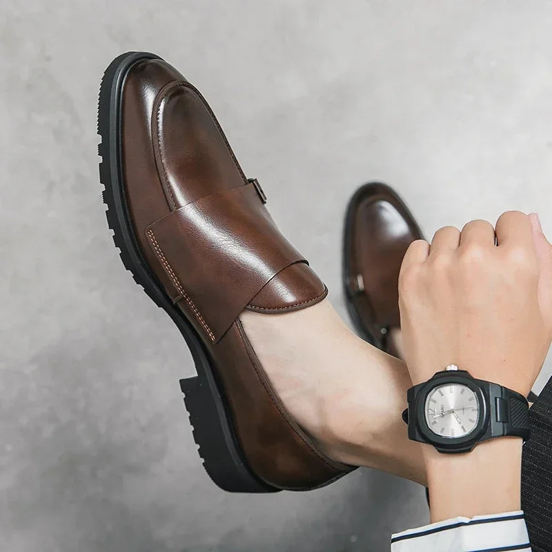 Men Fashion Formal Handmade Monk Shoes Derby  Dress Leather Gentleman Double Buckles Monk Shoes Pointed Wedding Shoes 2024