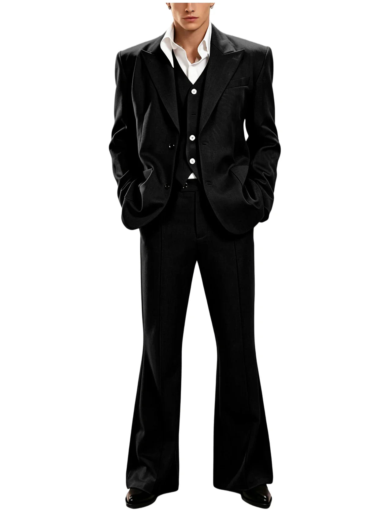 Vintage Men's 3 Piece Suit Set Peak Lapel Slim Fit 2 Button Double Breasted Blazer Vest Flared Pants for Formal Business Wedding