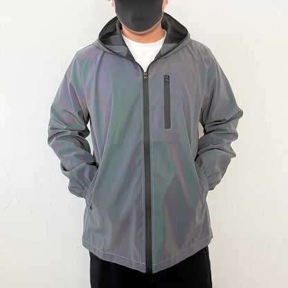 Men's Night Reflective Windproof Hooded Jacket Hip-hop Streetwear Couple Trend Coat for Outdoor Cycling Jogging Safety Clothing