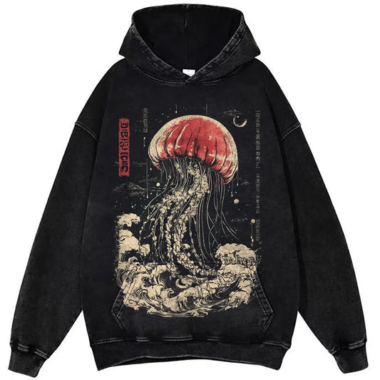 Oversize Vintage Man Cotton T-Shirts Swimming Colorful Jellyfish Print Mens Short Sleeve Japanese Harajuku O-Neck Tops All-math