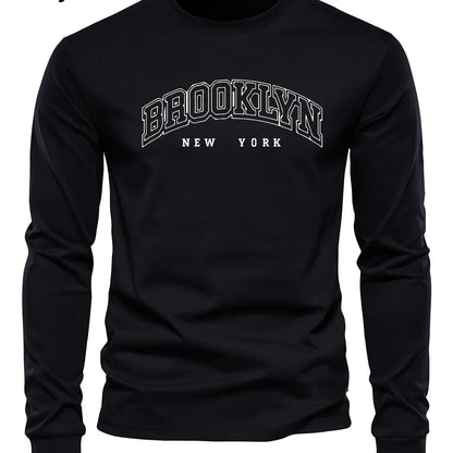 Men's 100% pure cotton loose and comfortable casual sports Brooklyn letter printed round neck long sleeved T-shirt top