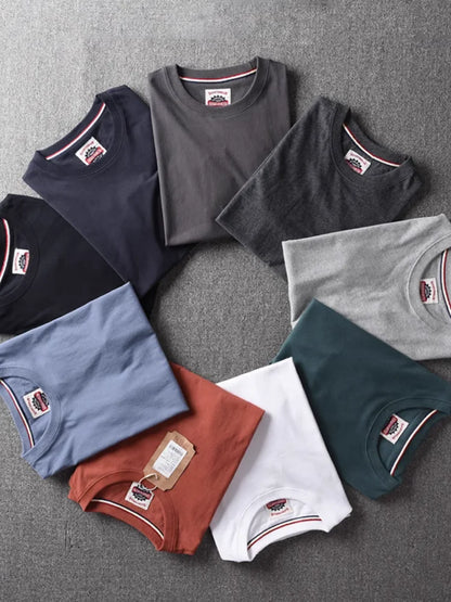 Summer New American Retro Short-sleeved O-neck Solid Color T-shirt Men's Fashion Simple 100% Cotton Washed Casual Sport Tops