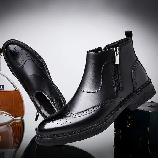 Male Winter Shoes Plush Warm Shoes Fashion Zipper Men's Basic Boots British Style Business Shoes Genuine Leather Chelsea Boots