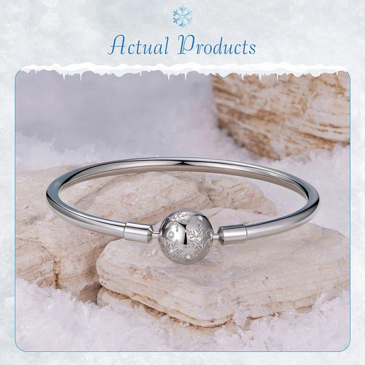 Jonc et bracelet en argent sterling 925 avec pendentif fleur de glace, jonc basique brillant pour femmes, perles à breloques, bijoux de Noël à faire soi-même