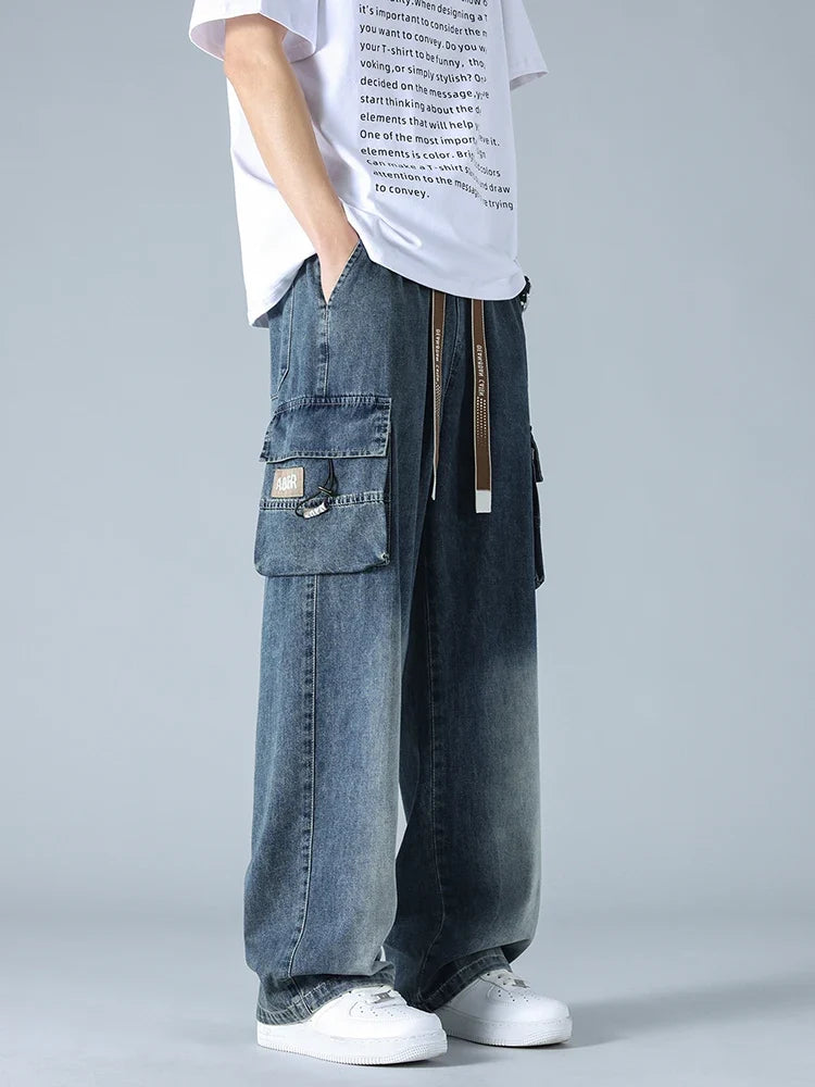 Summer Men's Straight Jeans Multi-Pockets Wide Leg Denim Cargo Pants 8XL 7XL 6XL Big Size Lightweight Baggy Jeans Trousers