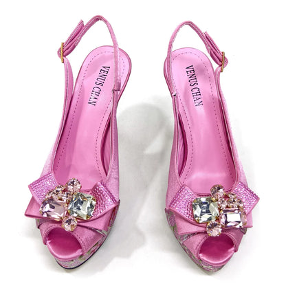 Shoes for Women High Heels INS Style Rhinestone Peep Toe Bow Gold Color New Italian Shoes and Bag for Party 2024