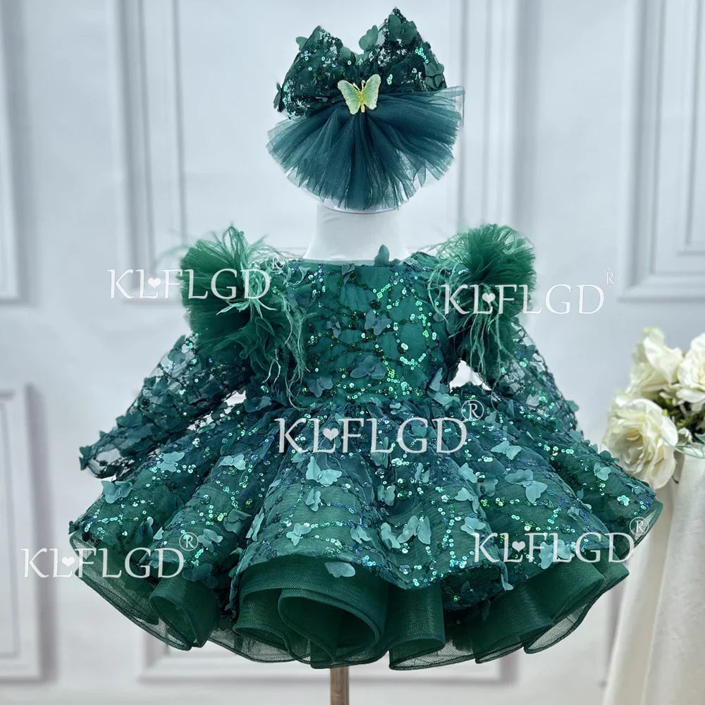 Luxury Girls' Party Dress, Long Sleeved Sequined Butterfly Mesh Dress, One Year Old Birthday Gift, Elegant Dress for Girls Aged