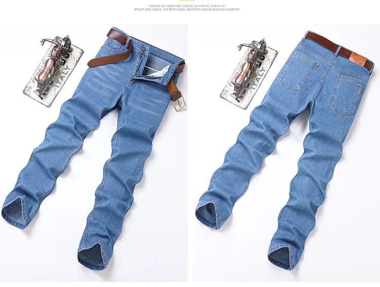 2025 New Light Blue Men's Comfort Soft Jeans Fashion Straight Business Pants Cotton Soft Casual Stretch Denim Trousers 28-40