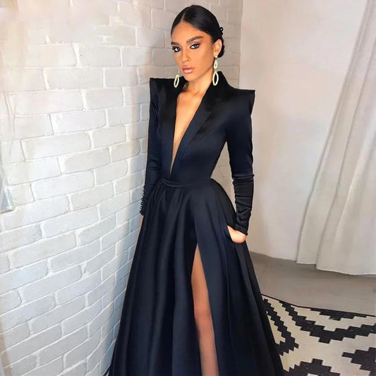 Simple Black Long A Line Evening Dress Side Split V-Neck Long Sleeves Formal Prom Dress Arabic Dubai Party Gowns Customized