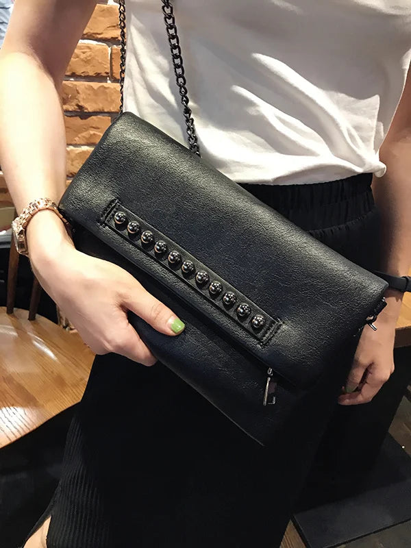 Folding design women Clutch Fashion rivets PU Leather Ladies Crossbody Bag chain Female Shoulder bag Clutches black wallet
