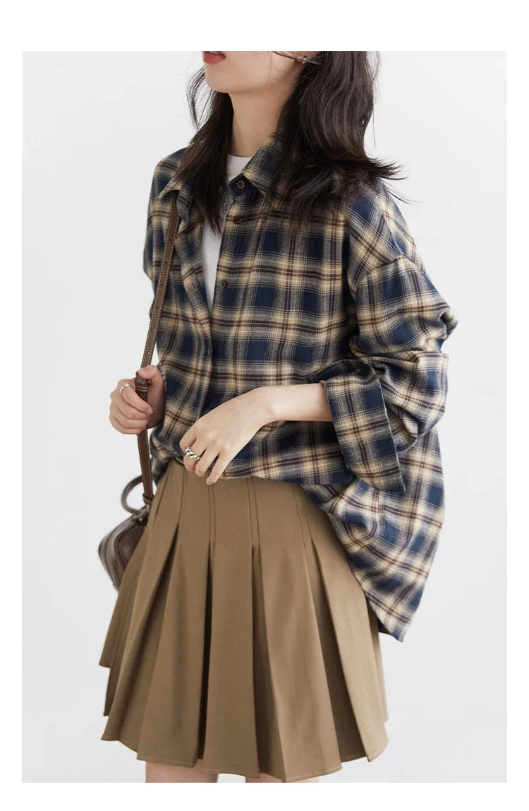Women Shirts Loose Casual New Sanding Plaid Shirt Long Sleeve Medium Long Length Blouses Female Tops Spring Autumn 2025