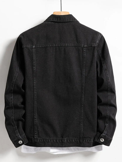 Men's Denim Jacket for Spring and Autumn. Black-Collar Denim Coat. Suitable for Daily Casual Wear. Stylish, Simple and Trendy.