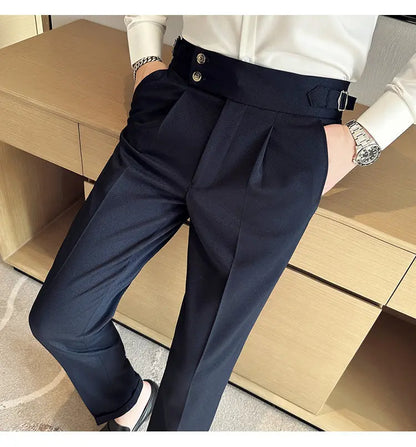 British Style Naples Solid Color High Waist Suit Pants High Quality Men Formal Business Social Party Wedding Casual Trousers