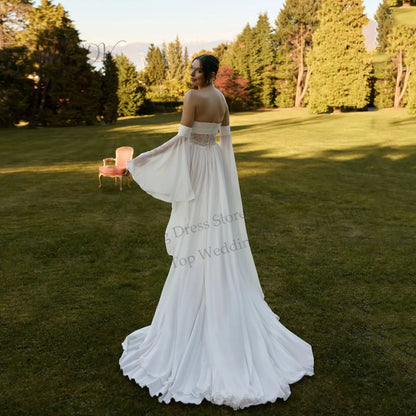 Chiffon A Line Boho Wedding Dress Flare Long Sleeve Lace Zipper Back Bridal Gown With Slit Strapless Sweep Train