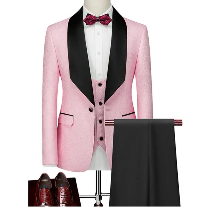 Hot Selling Men Suits Pattern and Black Groom Tuxedos Shawl Satin Lapel Groomsmen Wedding Best Man ( Jacket+Pants+Vest+Tie) C691