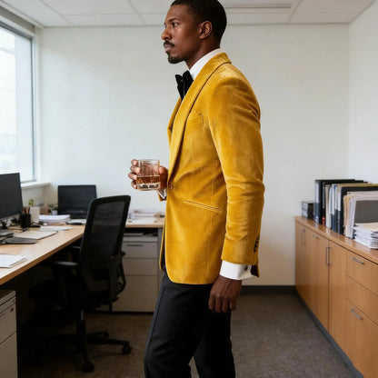 Men's Gold Velvet Tuxedo Blazer Shawl Lapel One Button Formal Jacket Fashion Slim Fit Wedding Prom Party Suit Coat