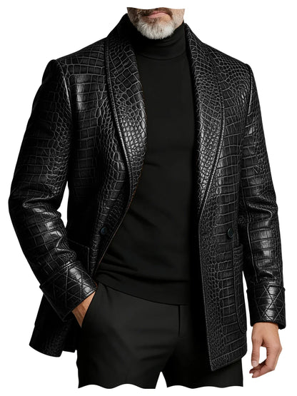 Men's Crocodile Pattern Leather Blazer 1 Button Shawl Collar Tuxedo Jacket Formal Business Wedding Coat Luxury Suit Outerwear