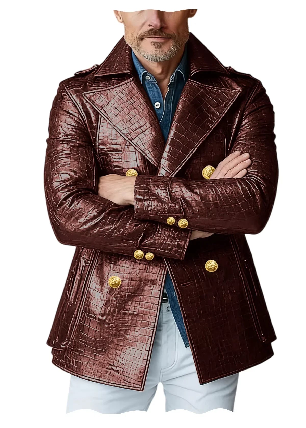 Men's Crocodile Embossed Leather Peacoat Double Breasted Gold Button Jacket Luxury Casual Overcoat