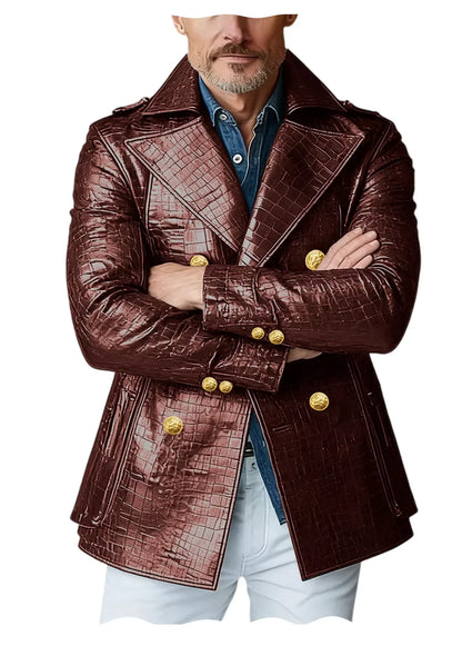 Men's Crocodile Embossed Leather Peacoat Double Breasted Gold Button Jacket Luxury Casual Overcoat