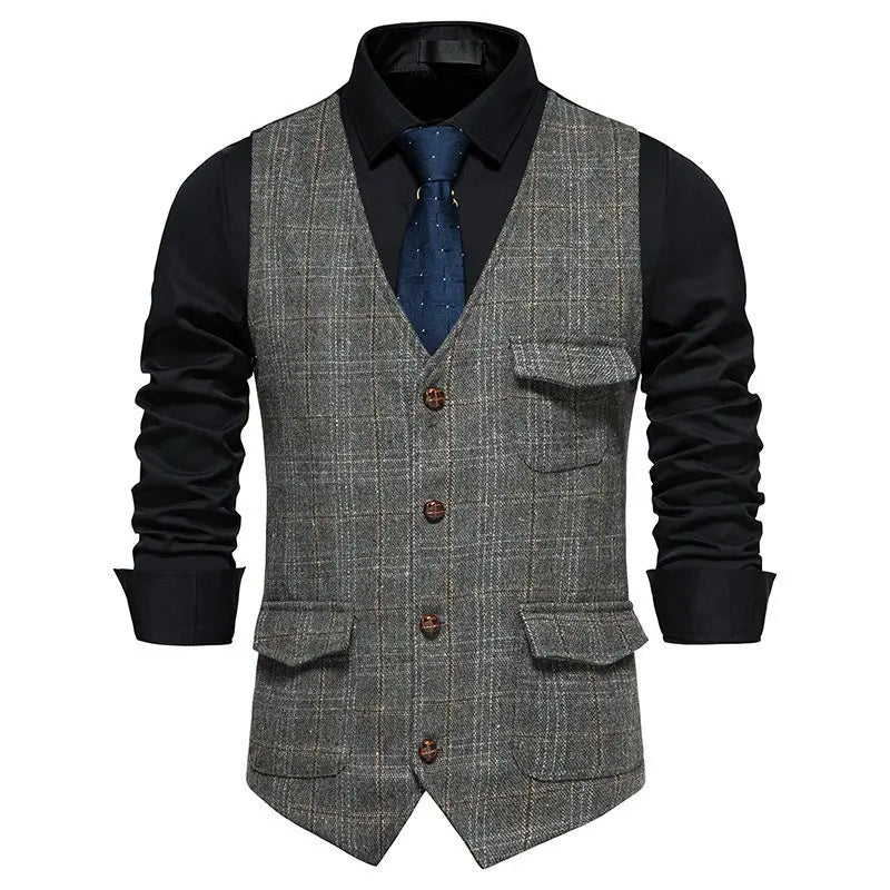 Man Waistcoat British Style Plaid Single-breasted Men Suit Vest Retro Slim V-neck Sleeveless Pocket Male Casual Vest