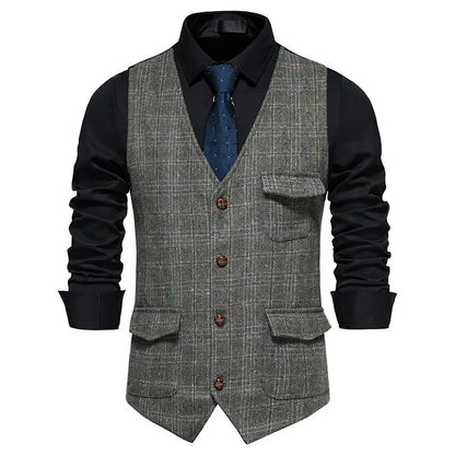 Man Waistcoat British Style Plaid Single-breasted Men Suit Vest Retro Slim V-neck Sleeveless Pocket Male Casual Vest