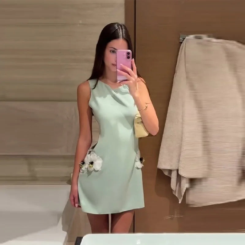 Women's Round Neck Solid Sleeveless Dress Sexy Waist Side Cut-outs Slim Mini Skirt Female New Date Commuter Party Clothes