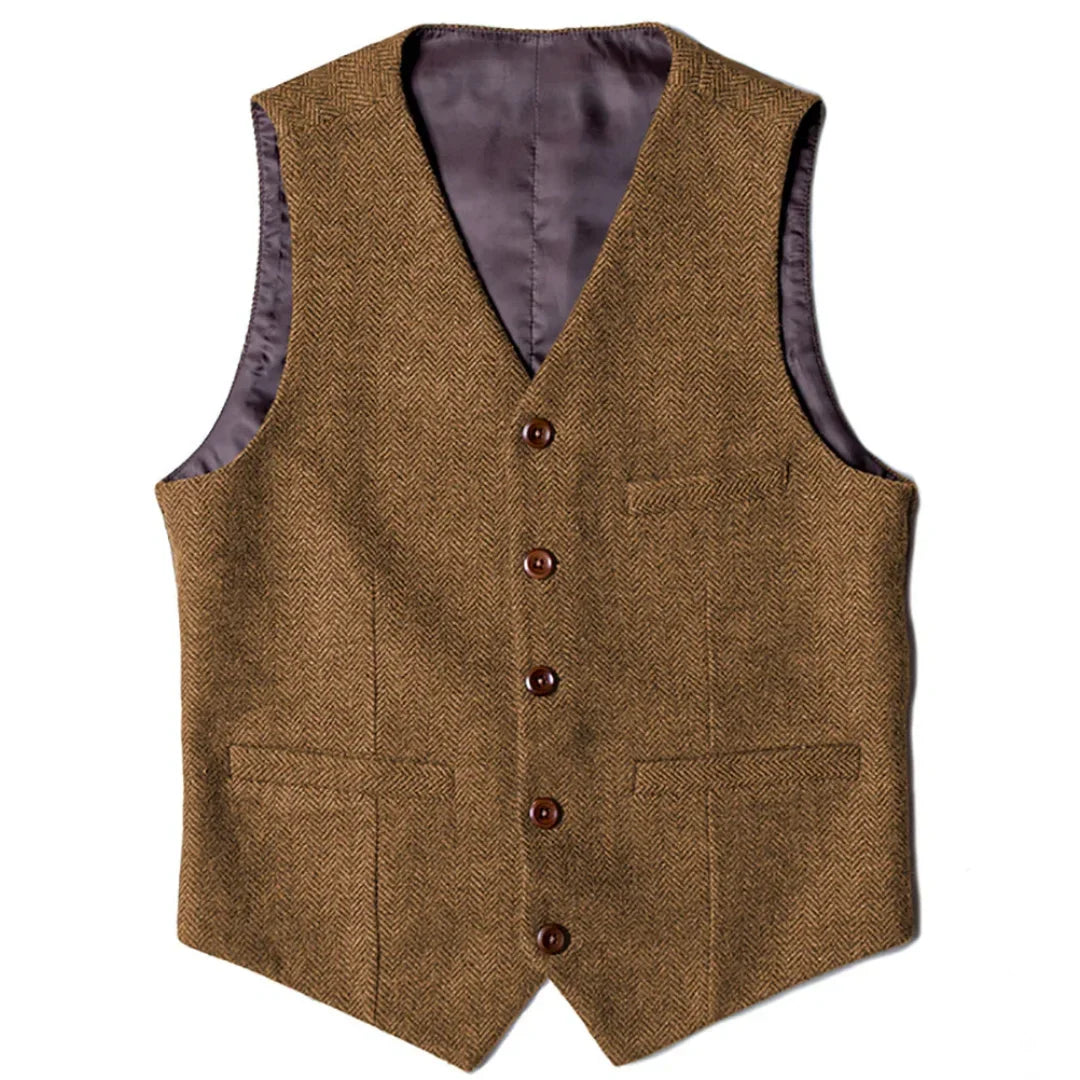 Men Vest Brown Herringbone Single Button V Neck Waistcoat For Wedding Party Banquet Business Work Daily Casual Men Suit Vest