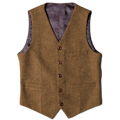 Men Vest Brown Herringbone Single Button V Neck Waistcoat For Wedding Party Banquet Business Work Daily Casual Men Suit Vest