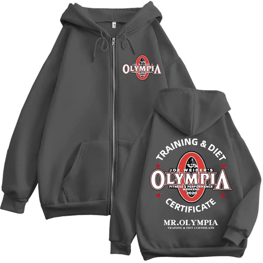 Training Diet Certifiate Mr Olympla Graphic Zipper Hoodie Men Women Gym Fitness Zip Up Sweatshirt Casual Fashion Loose Pullovers
