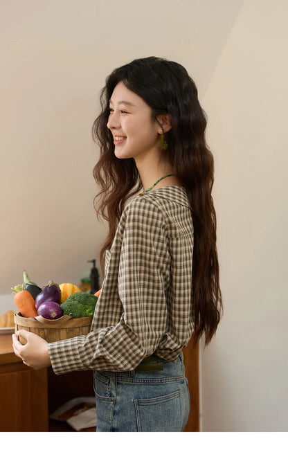 Women's Casual Shirts Cotton Autumn Side Slit Pockets Plaid Shirts Commute  Elegant Chic Woman Top with Belt MXE44X2469