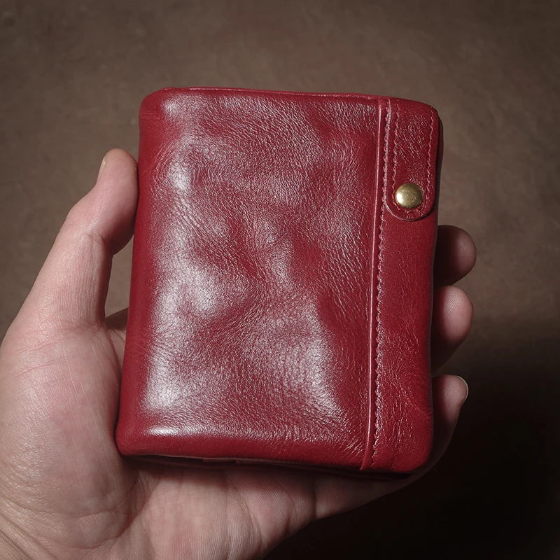 Retro Genuine Leather Short Wallet Men and Women Bifold Money Clip Credit Card Holder with Zipper Coin Pocket Small Purse