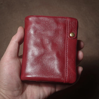 Retro Genuine Leather Short Wallet Men and Women Bifold Money Clip Credit Card Holder with Zipper Coin Pocket Small Purse