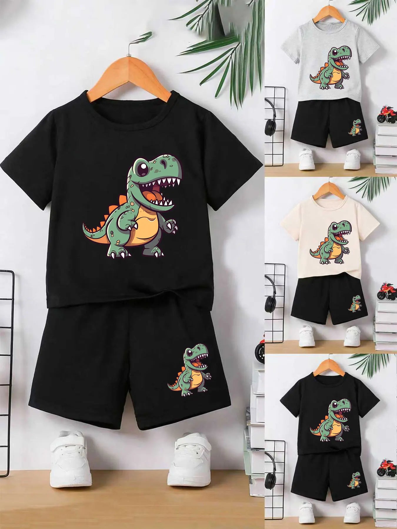 Boys' Durable Comfortable T-Rex Print Summer Set Cool Clothing Ensemble for Kids