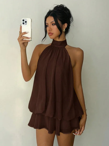Women's Vacation Slim Fit Fashion Sexy Backless Halter Tie Waist Versatile Solid Color Dress, Stylish and Comfortable Summer