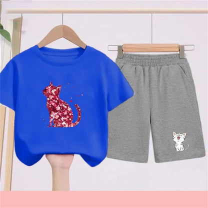 Summer Age 3-12 Girls boy cool breathable Tshirt Children T-shirt+bottom wear Set black 2pcs leisure Kids Set cat Print