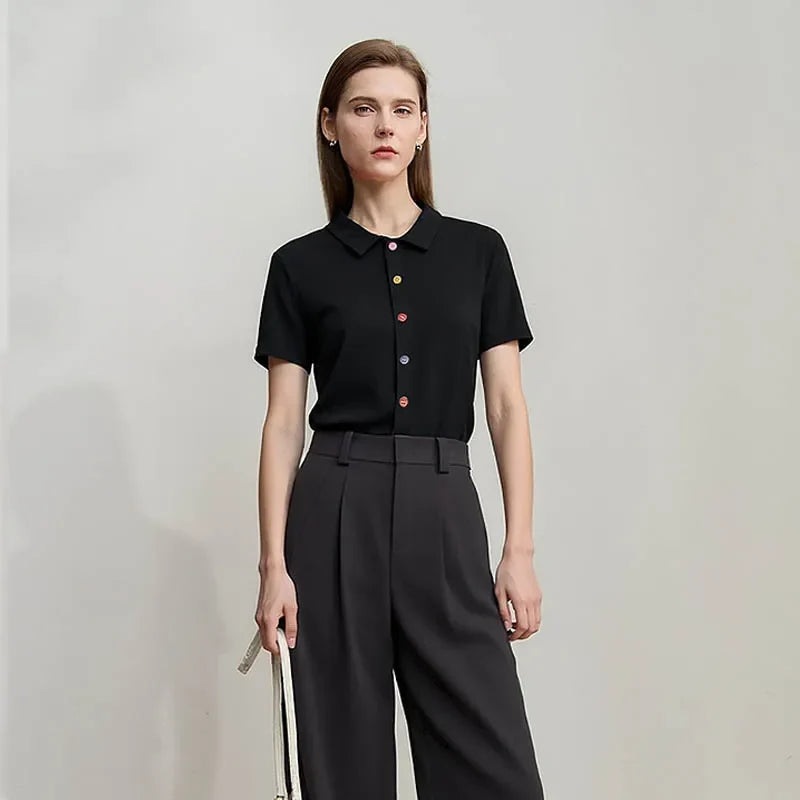 Women's T-Shirt 2026 Summer Lapel Collar Casual Short Sleeve Tee Color Block Button Slim Versatile T Shirts Woman 12652001