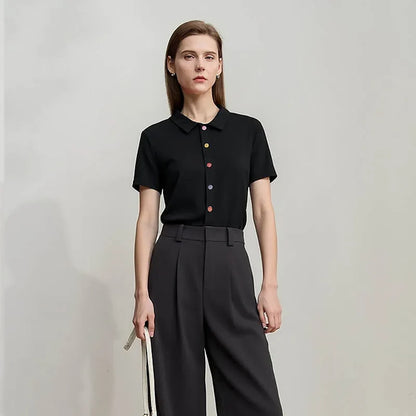 Women's T-Shirt 2026 Summer Lapel Collar Casual Short Sleeve Tee Color Block Button Slim Versatile T Shirts Woman 12652001